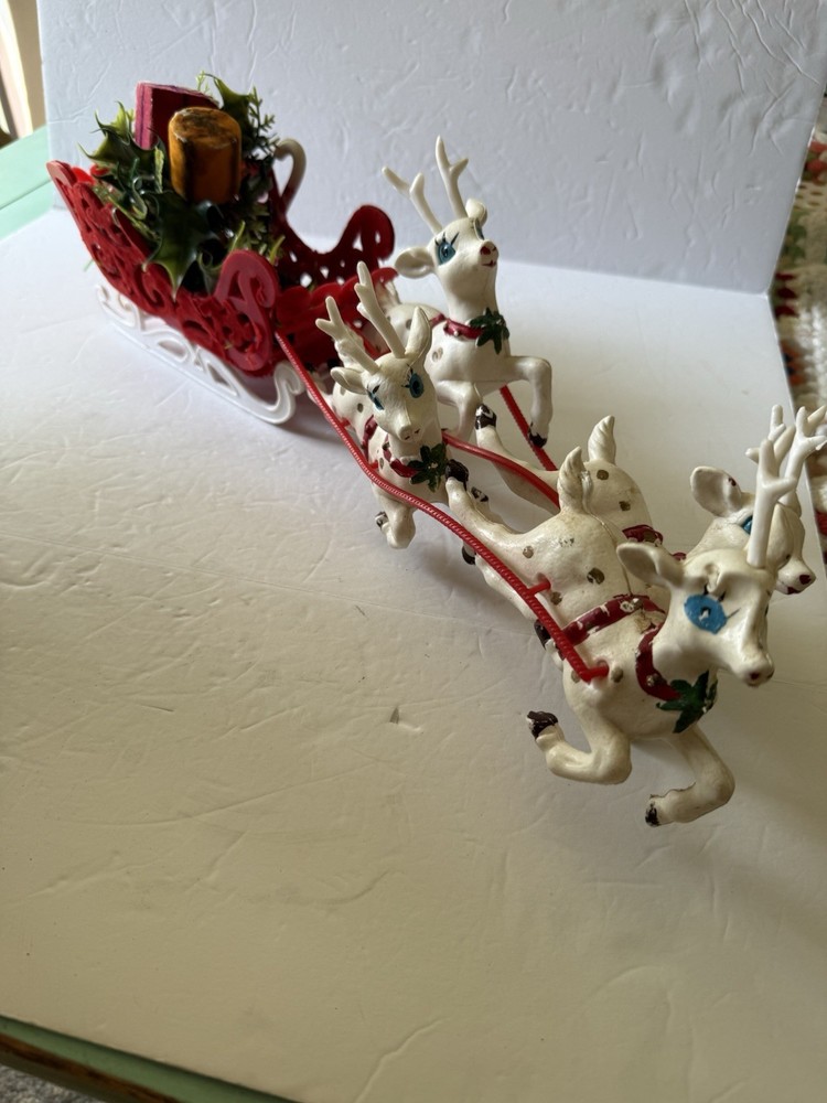 Vintage MCM Plastic Tree Table Decor Christmas Santa Sleigh Reindeers Flocked