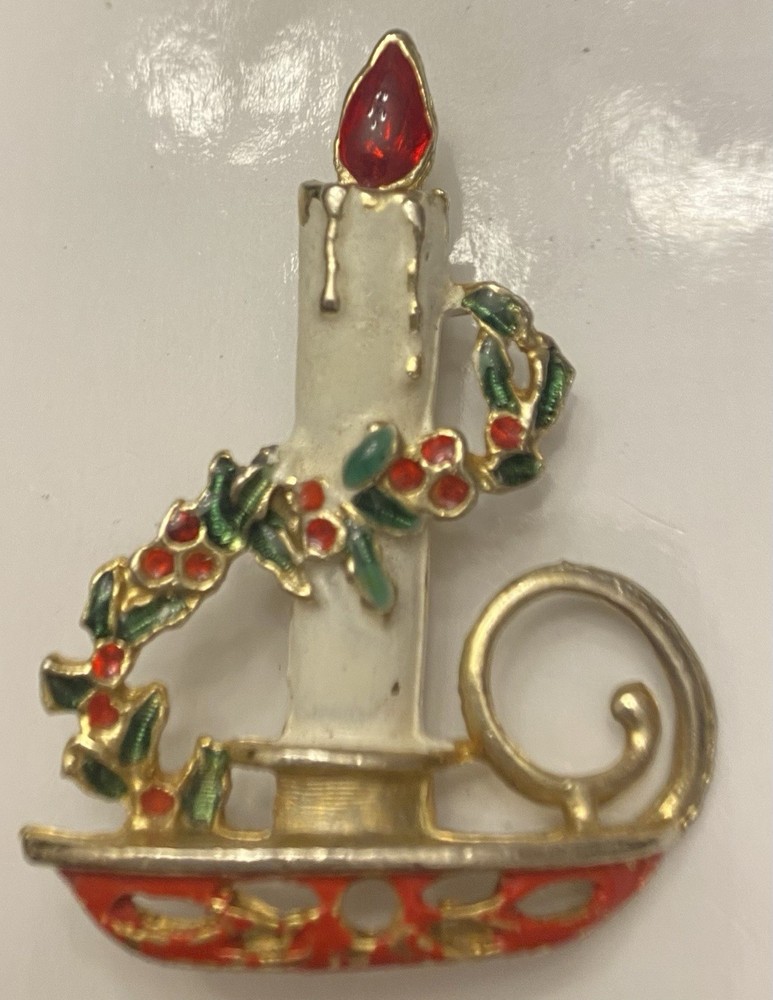 Vintage 2” Christmas Candle Brooch Pin Gold Tone Enamel Holly Berries Holiday