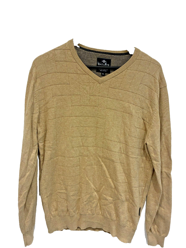 Baileys Mens V Neck Jumper XL Beige Tan Textured Knit 100% Cotton