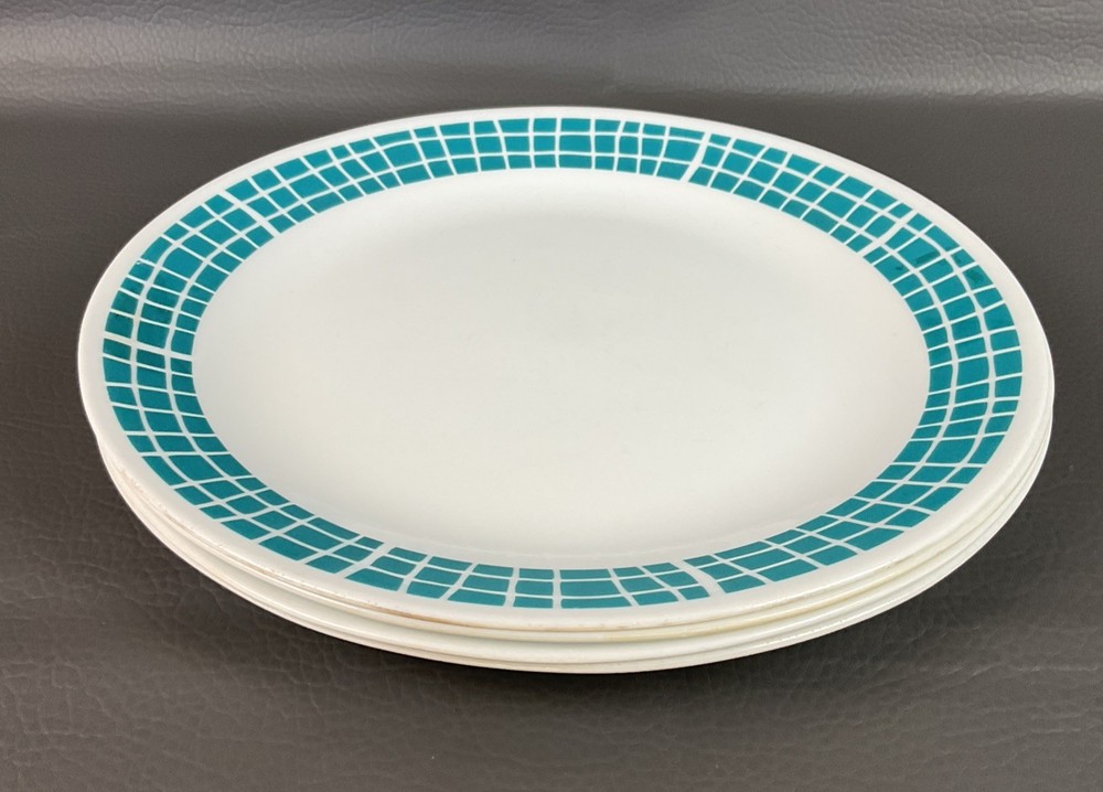 Vintage Corelle Aqua Tile 10 1/4” Inch Dinner plate Set (LOT OF 4) Vitrelle USA