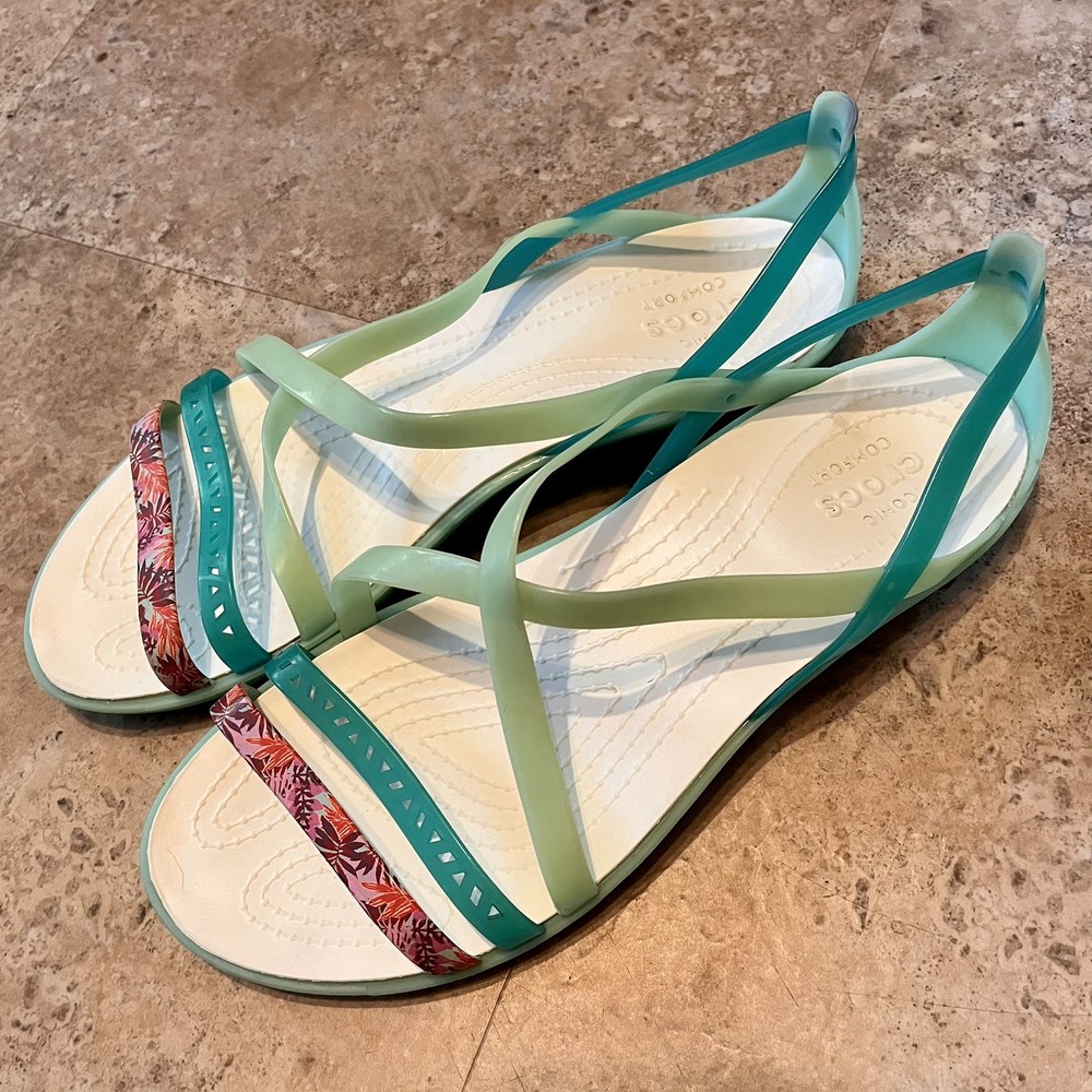 Crocs Isabella Jelly Strappy Sandals Womens 9 Green Leaf Print Flats Comfy