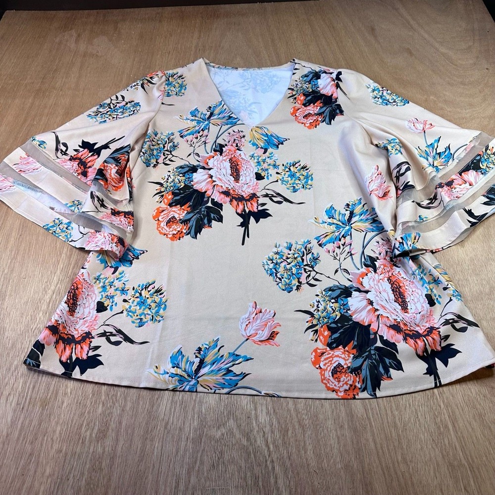 Womens XL Floral Blouse Bell Sleeve Beige Boho Layered Sleeve