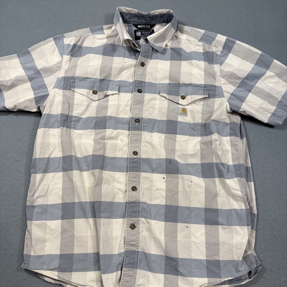 Carhartt Rugged Flex Shirt Mens Large Blue Plaid Short Sleeve Button Front STAIN