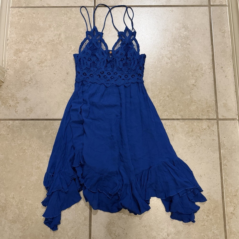 Free People Adella Crochet Lace Babydoll Mini Dress Blue Size Small