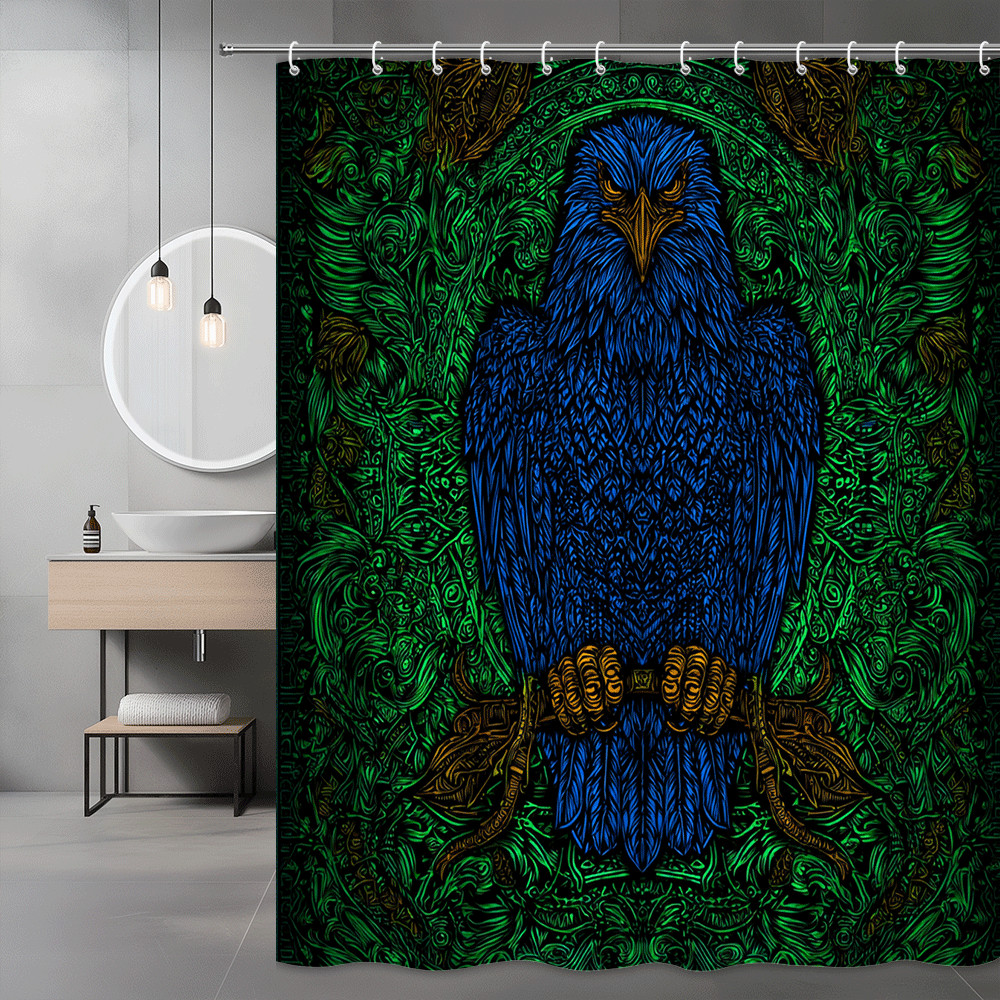 Blue Bird Shower Curtain Green Floral Leaf Graphic