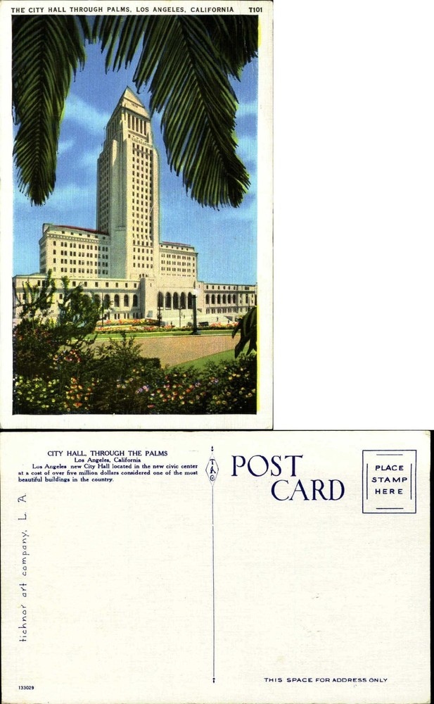 City Hall Los Angeles California CA Tichnor Art company linen 1940s
