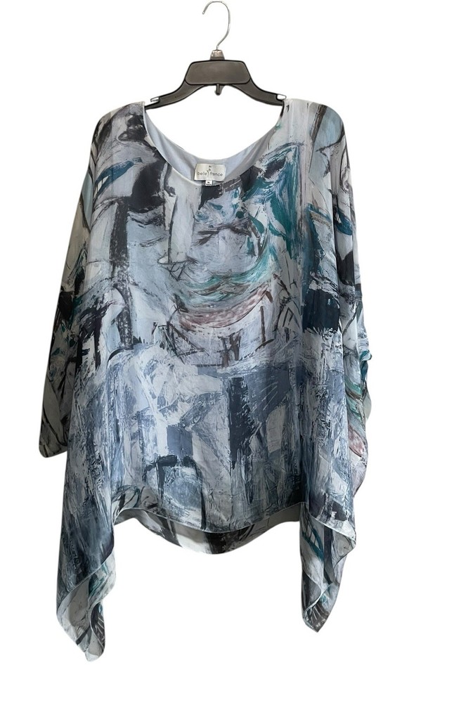 Belle France XL Abstract Sheer Silk Blouse/Poncho Blue Gray Flowy Artsy Boho