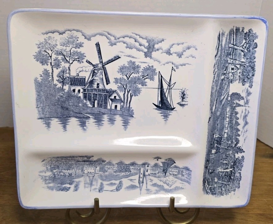 Vintage Blue & White 3 Section Grill Plate Divided Platter Windmill Pattern