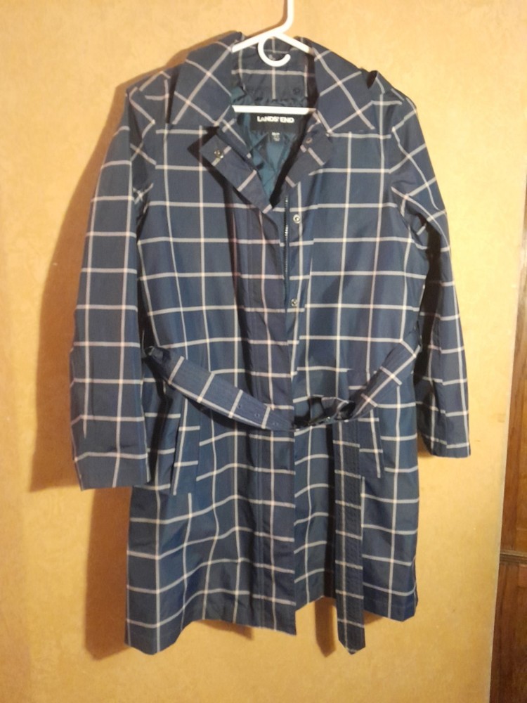 LANDS’ END Womens Blue Plaid Waterproof Insulated Long Rain Coat   Med 10 - 12.