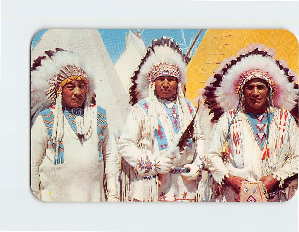 Postcard Three Heap Big Native American Chiefs in Tribal Full Dress Regalia