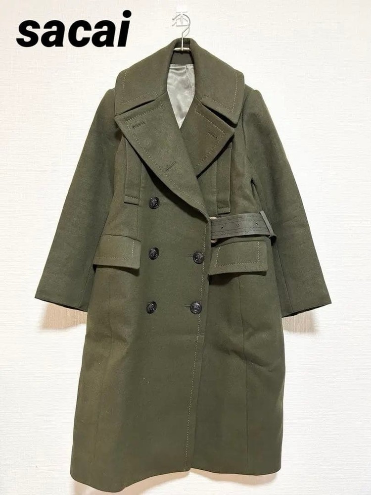 sacai Khaki Wool Melton Double Belted Long Coat S Excellent Condition