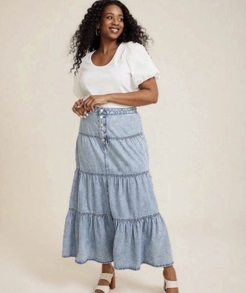 M Jeans by Maurice’s Tiered Button Front Denim Maxi Skirt Womens 12 Boho Ruffled