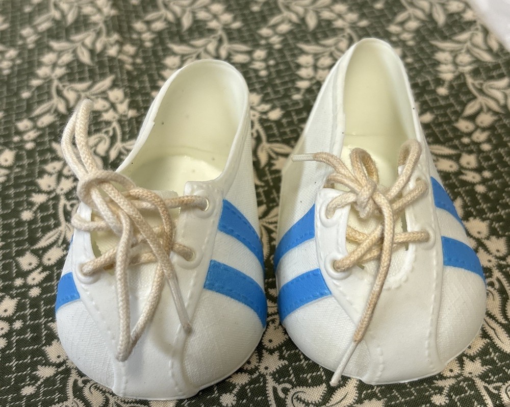 Vintage Cabbage Patch Kids Doll Shoes White Blue Stripe Lace Up 1980s