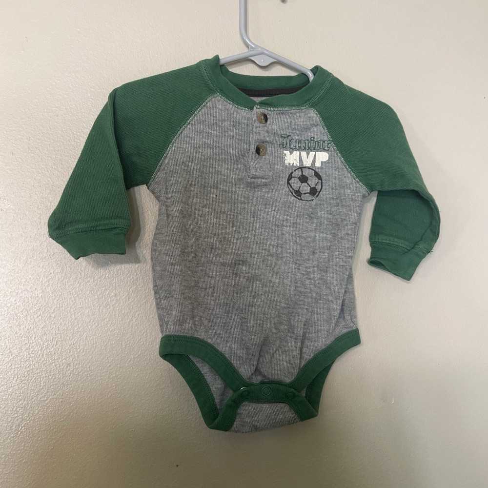 Cherokee Baby Bodysuit 9M Gray Green Long Sleeve Soccer Graphic Cotton Snap