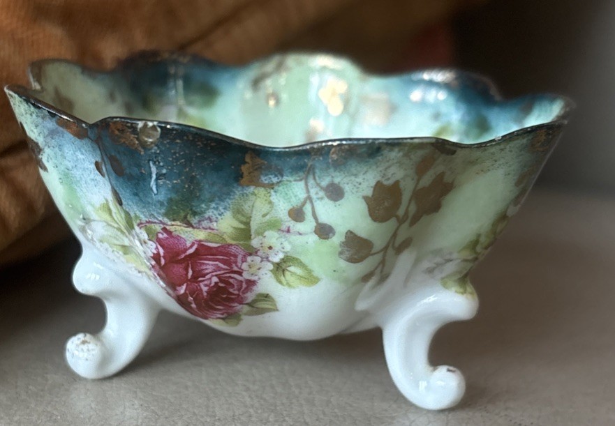 Antique porcelain Footed Bowl. 3” Diameter Hand Painted. Gold Trim