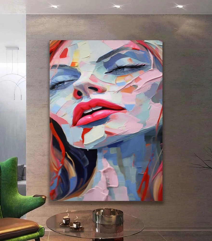 Abstract, Colorful Surreal Girl with Red Lips Wall Art Canvas Unframed Print Art-image