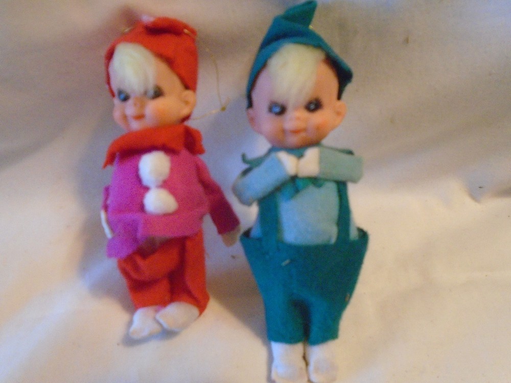 Vintage Elf Ornaments Boy & Girl Felt Bendable Arms Japan