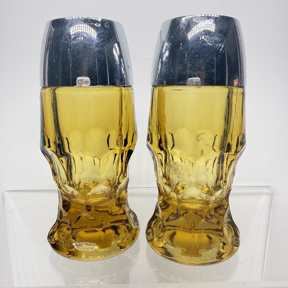 Pedestal Honey Amber Glass Salt And Pepper Shakers Thumbprint Vintage MCM