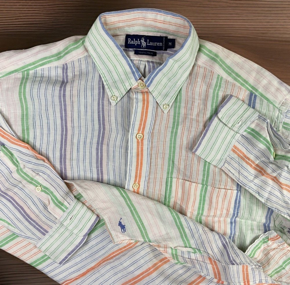 Vintage Polo Ralph Lauren 100% Linen Vertical Striped Multicolor Shirt Mens Sz M