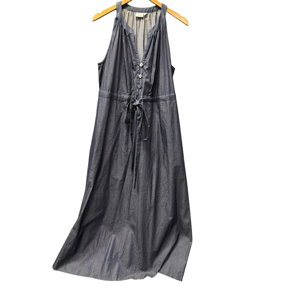 eShakti Maxi Dress Womens 16 W Blue Chambray Belted Sleeveless Coastal + Pockets