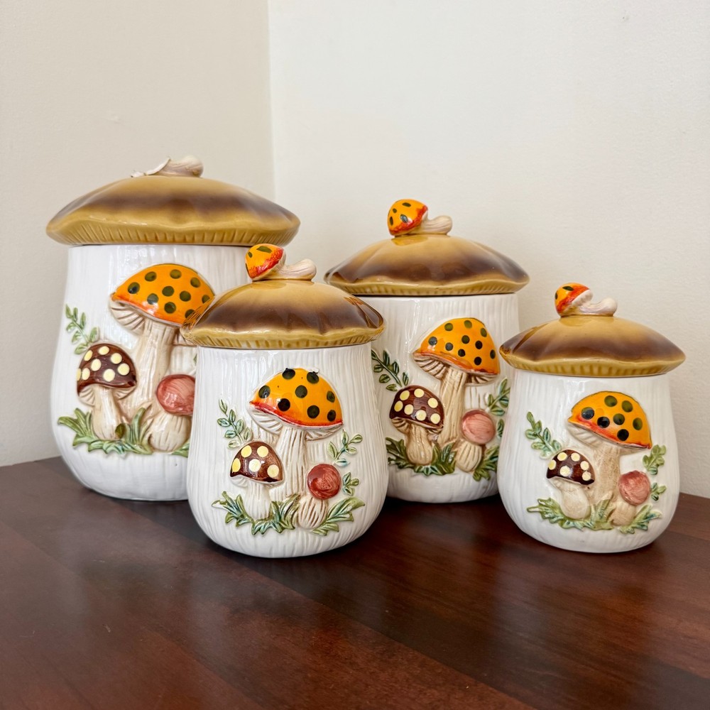 Vintage 1978 Sears Merry Mushroom 4-Piece Ceramic Canister Set Japan Cottagecore
