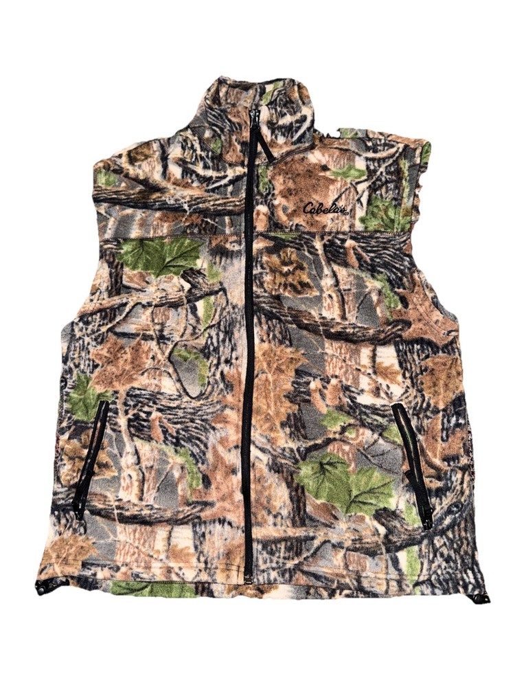 Vintage Cabelas Vest Mens M Brown Natural Camo Fleece Full Zip Hunting Outdoors