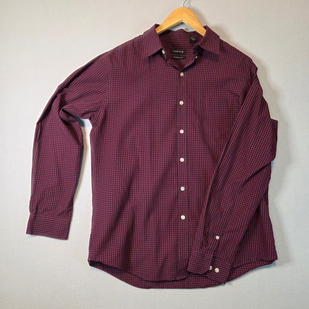 VAN HEUSEN Mens  Medium Classic Fit Red Black Gingham Check Button Down Shirt