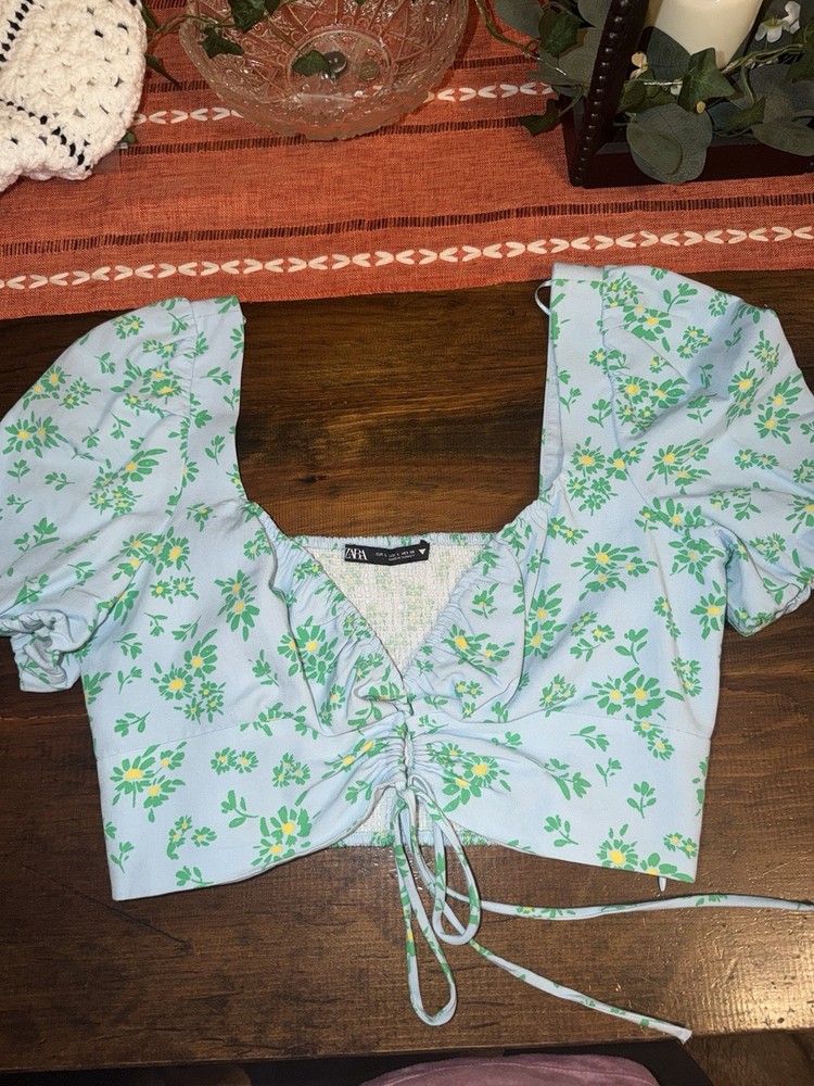 Zara Women's Floral Smocked Cropped Puff Sleeve Tie Front Blouse Size L