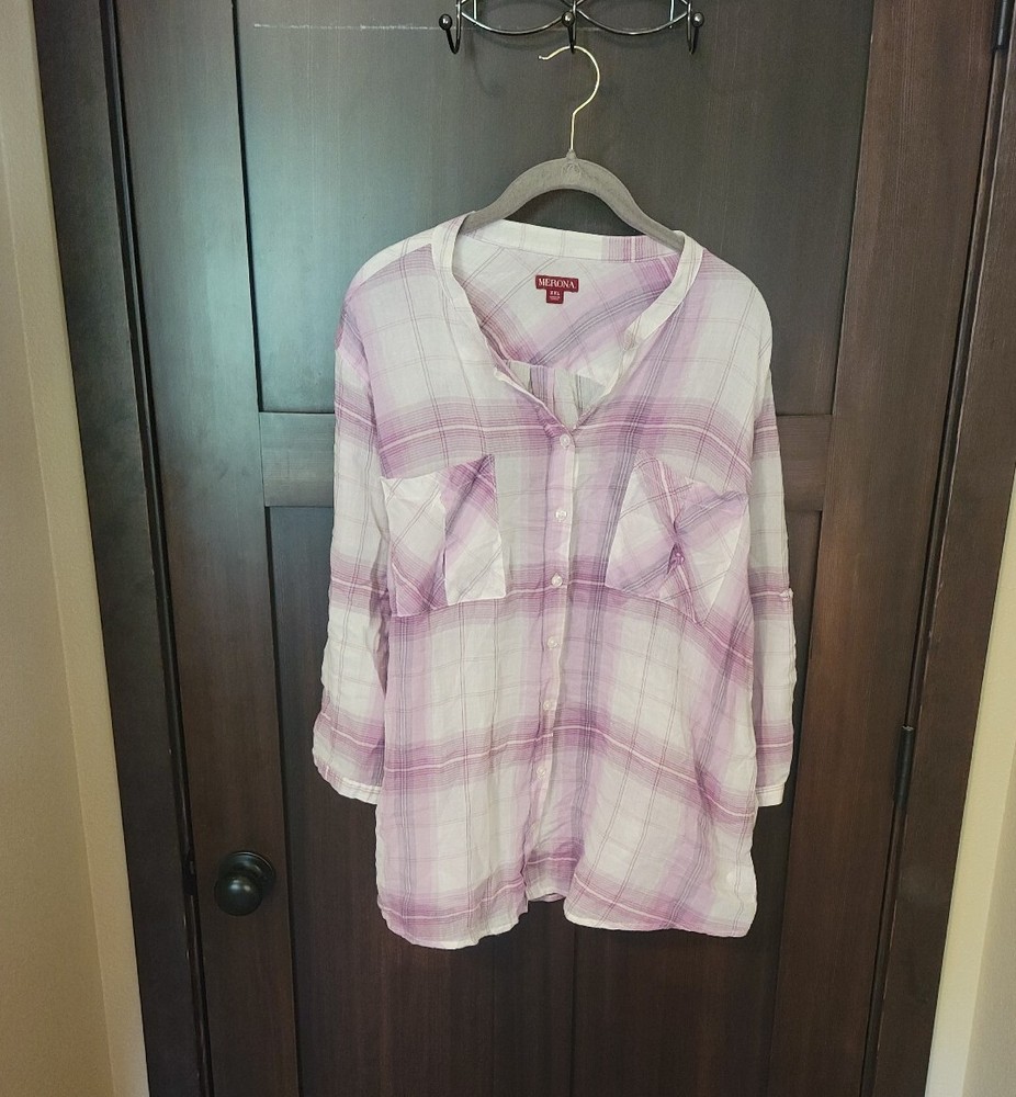 Blusa para mujer Merona con botones delanteros ligeros a cuadros talla XXL 2XL usada en excelente estado