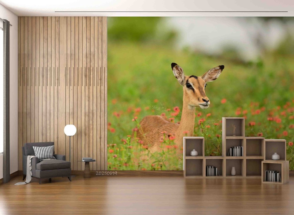 3D Flower Field Deer Nature Landscape Wall Murals Wallpaper Murals Wall Sticker