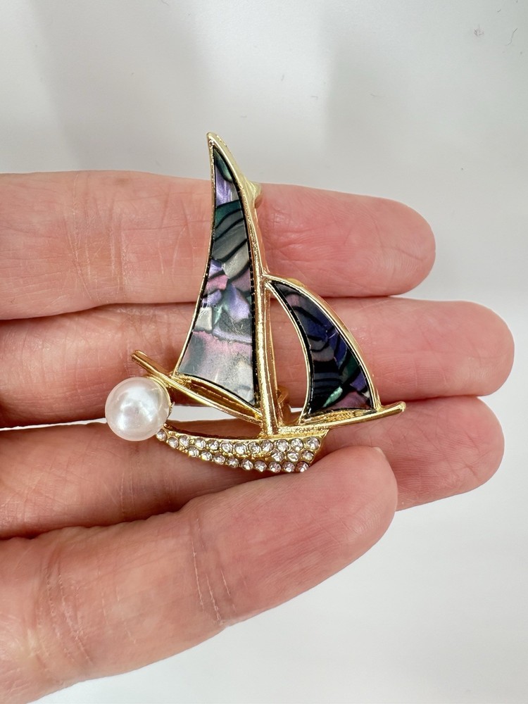 Sailboat Brooch Pin Gold Tone Rhinestone Enamel Pearl Sailing Ship Nautical