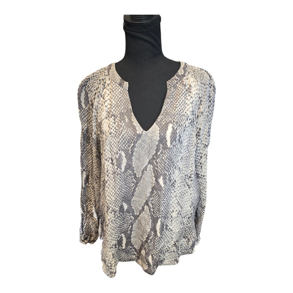 Diane von Furstenberg Boho Sheer Silk Blouse Snake Print Gray Size 12 Women's