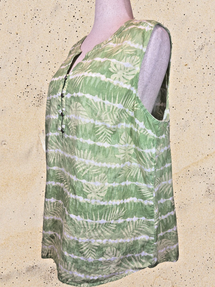 Coral Bay Woman 3X Linen Rayon Sleeveless Tunic Top Green Tropical Leaf Print