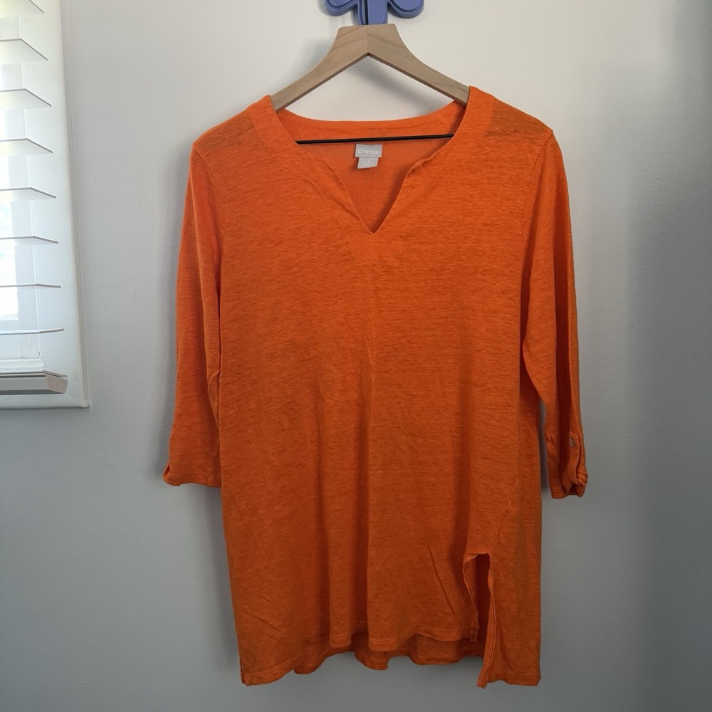 Chico’s 1 US Medium Linen Tunic Top 3/4 Sleeve Slit Cut Orange V Neck Resort