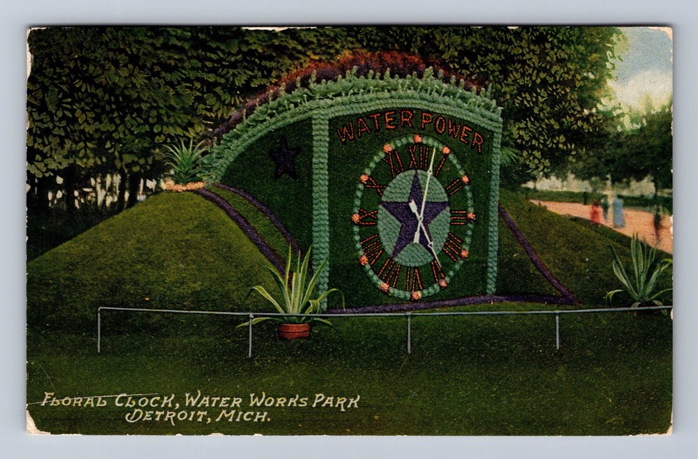 Detroit MI-Michigan Floral Clock Water Works Park Vintage c1910 Postcard