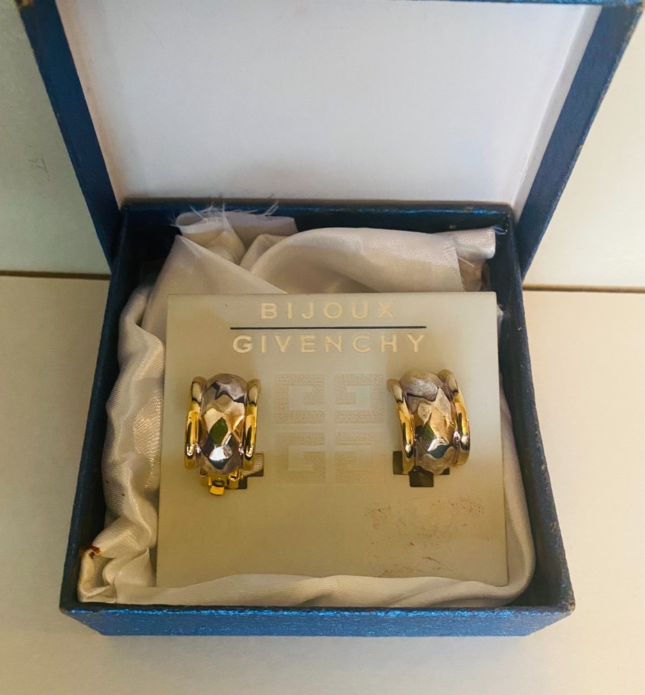 Vintage Bijoux Givenchy Clip Earrings Multi Tone Curved Hoop Style on Card