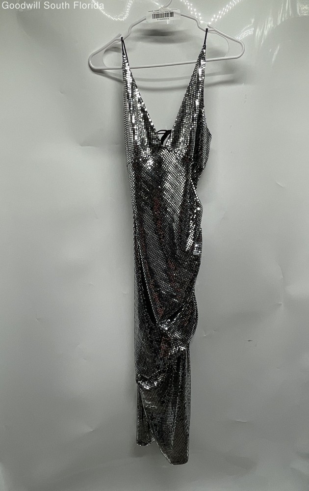 Zara Womens Silver Sleeveless V-Neck Ruched Midi Bodycon Dress Size S With Tag