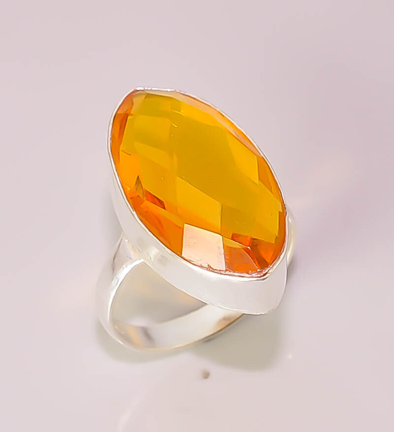 Yellow Citrine Faceted Quartz Handmade 925 STERLING SILVER PLATED RING 7.5