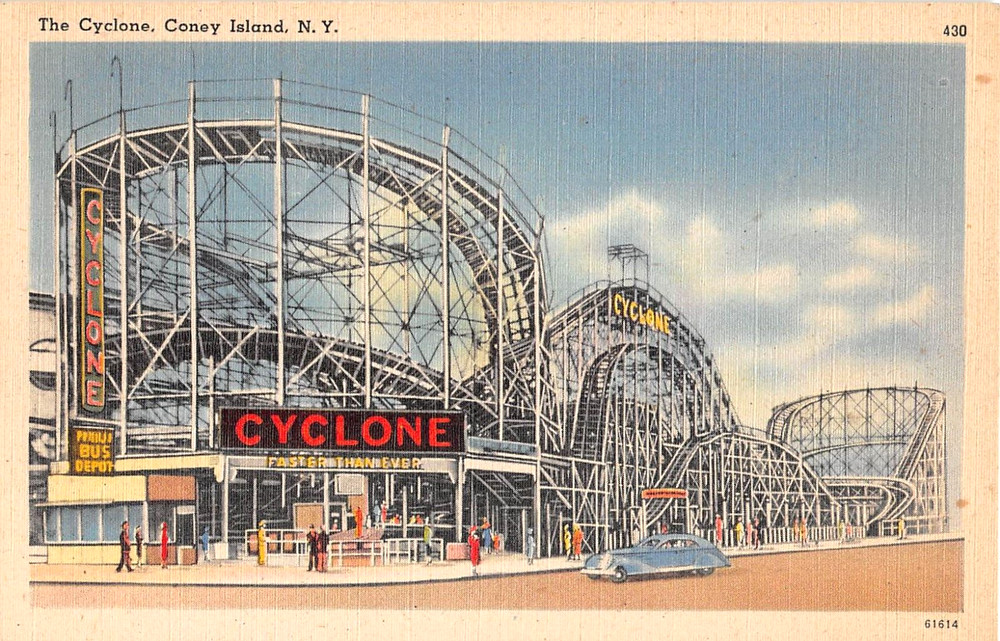 c.1940 Cyclone Roller Coaster at Night Coney Island Brooklyn NY post card Linen