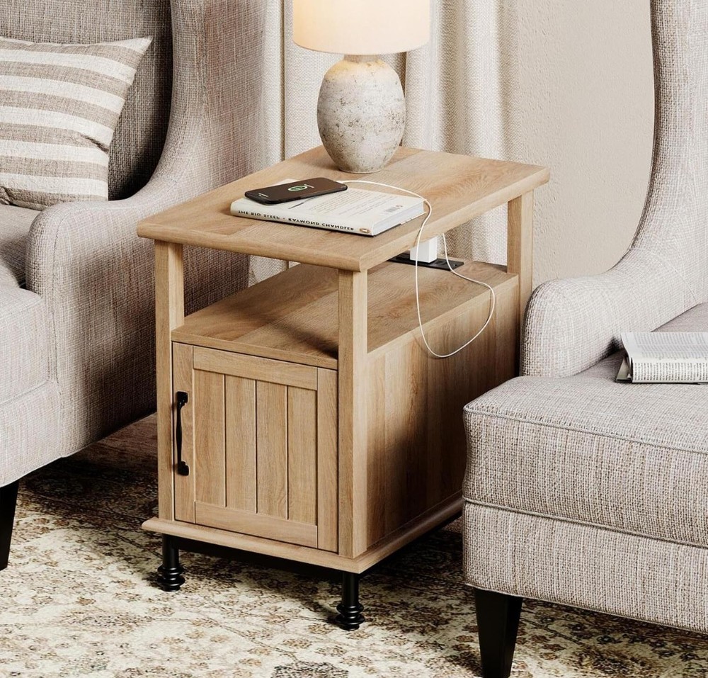 Oak End Table with USB Charging Station and Storage Cabinet for Living Room