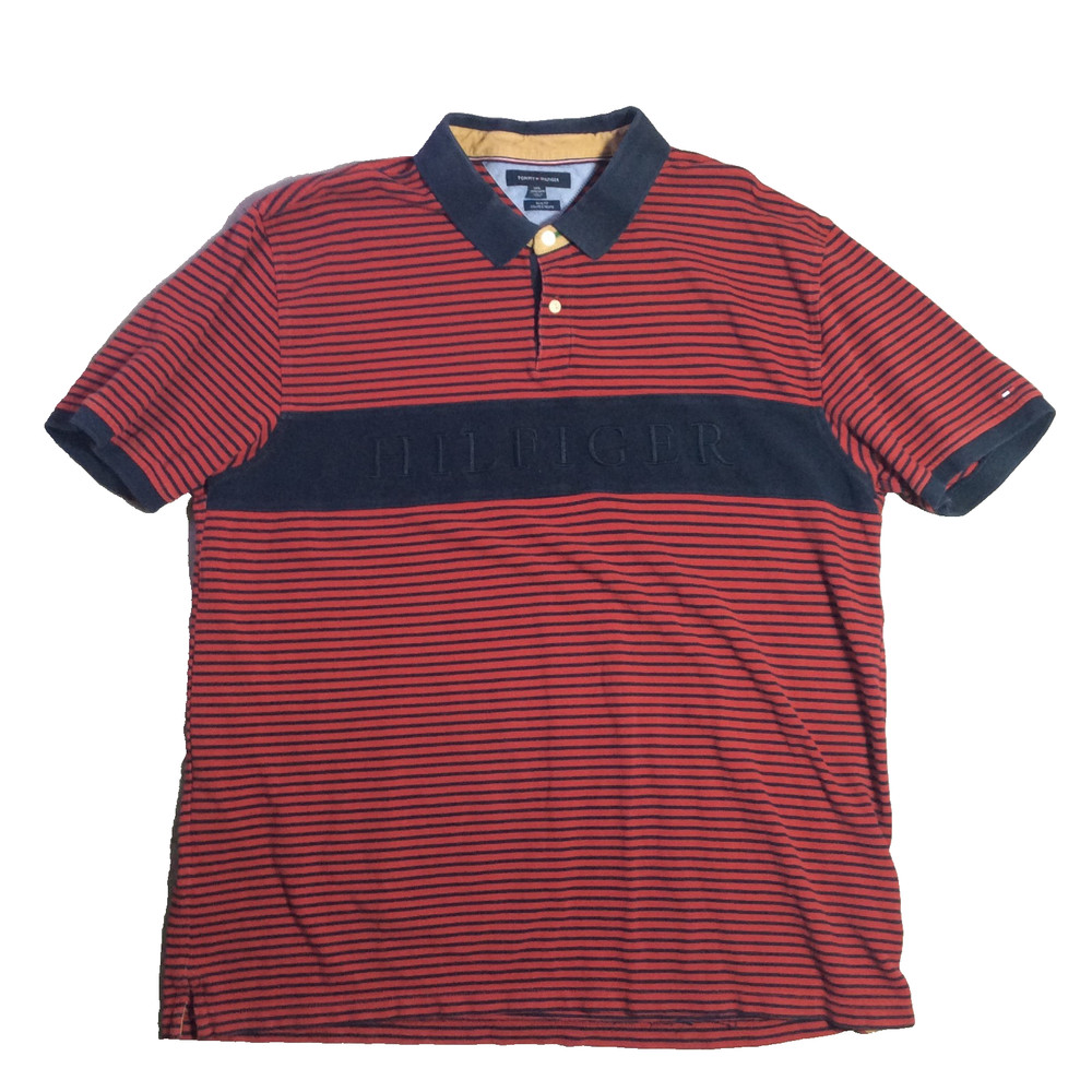 Tommy Hilfiger Polo Shirt Men's 3XL Red Blue Striped Short Sleeve Slim Fit Mesh
