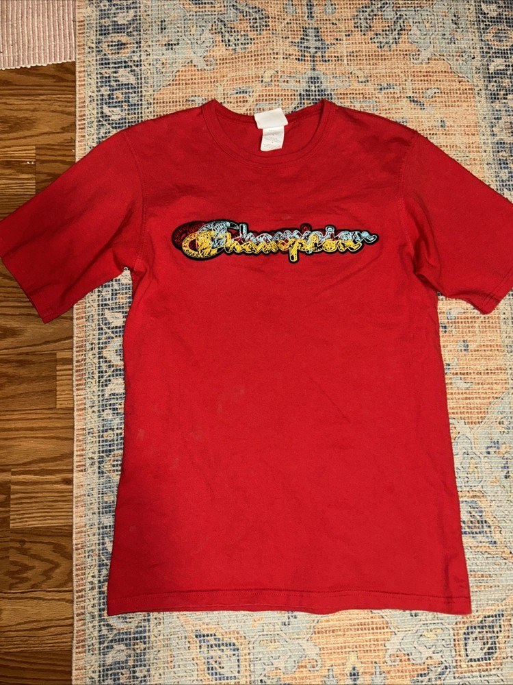 Vintage Champion Embroidered Logo Red T Shirt Size Medium Heavyweight Y2K
