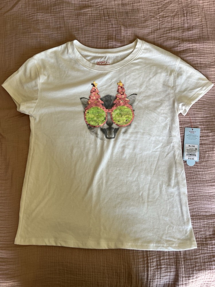 Cat & Jack Girls White Christmas Cat Sequin Short Sleeve T-Shirt Size XL 14 NWT