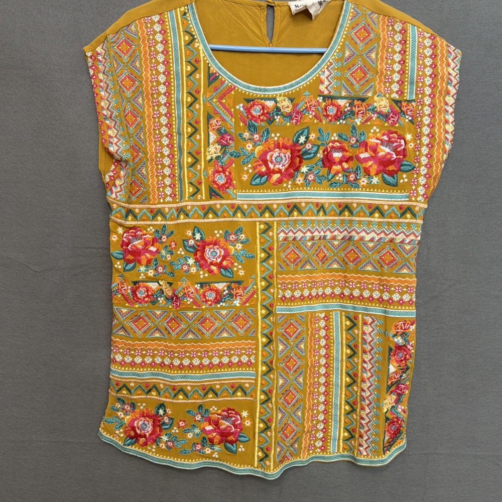 Savannah Jane Top Women's S Cap Sleeve Floral Embroidered Multicolor Boho