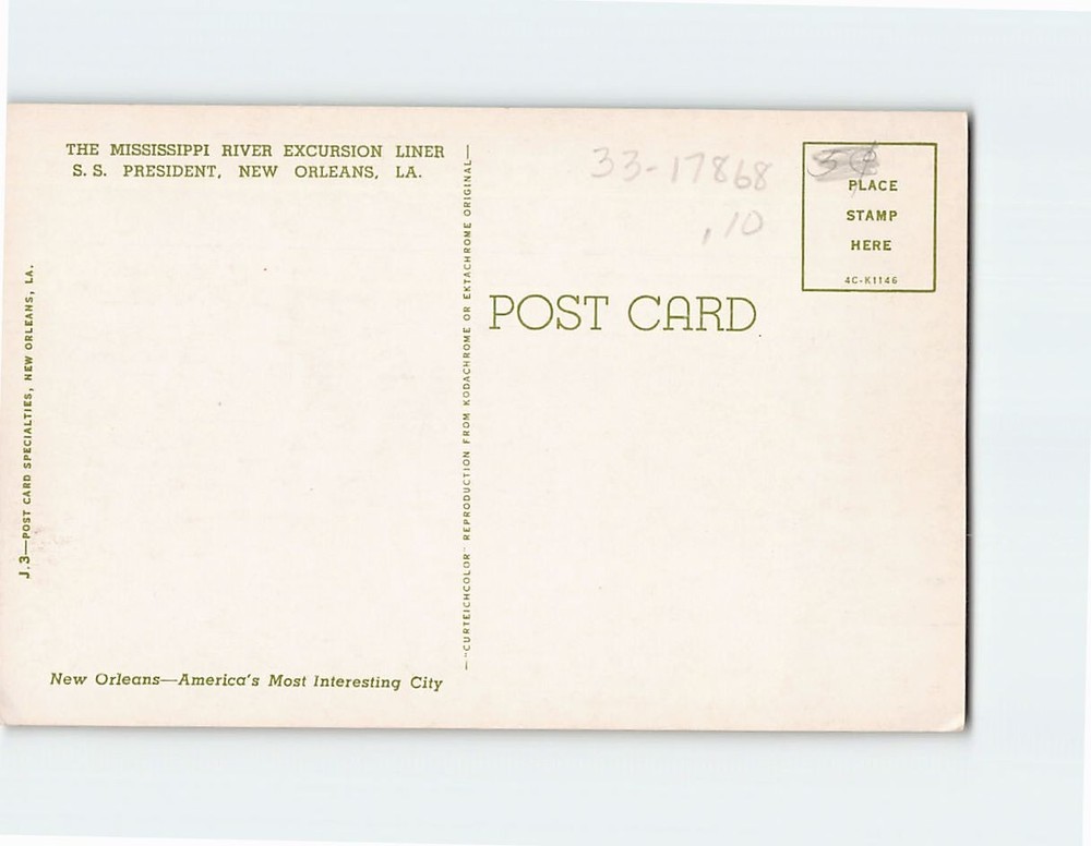 Postcard The Mississippi River Excursion Liner SS President NO Louisiana