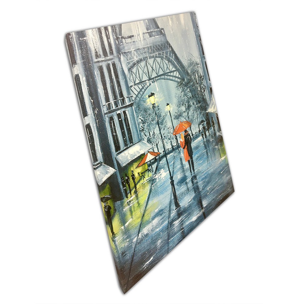 Romantic Eiffel Tower Paris Couple Under Umbrella Snowy Canvas Art