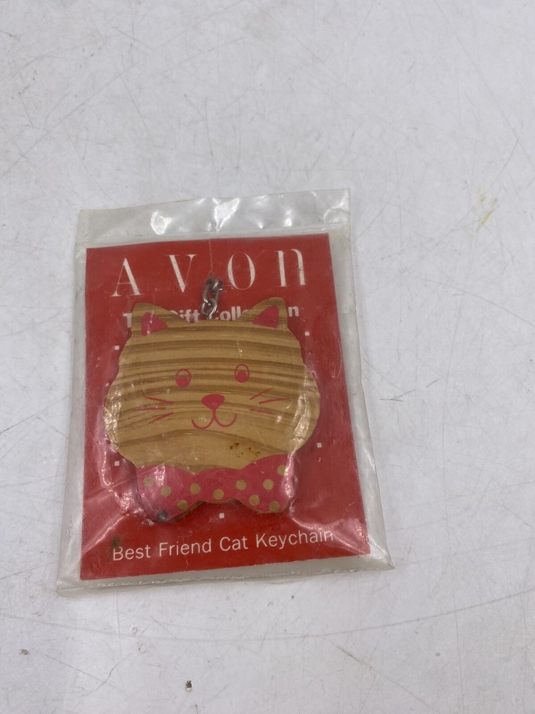 Vintage Avon Best Friend Cat Keychain Wooden Painted New and Sealed