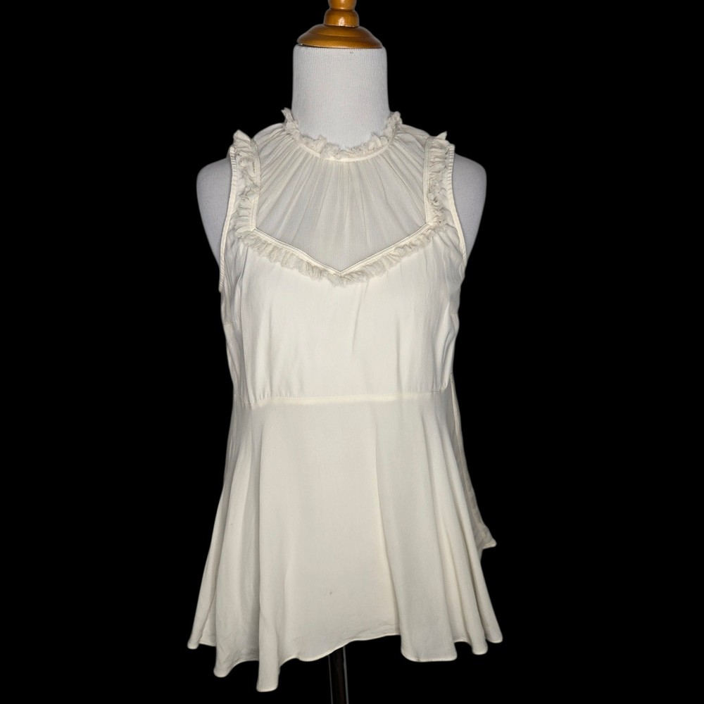 Cinq a Sept Silk Fairy Blouse Sheer Ivory Victorian Ruffle Neck Women Medium