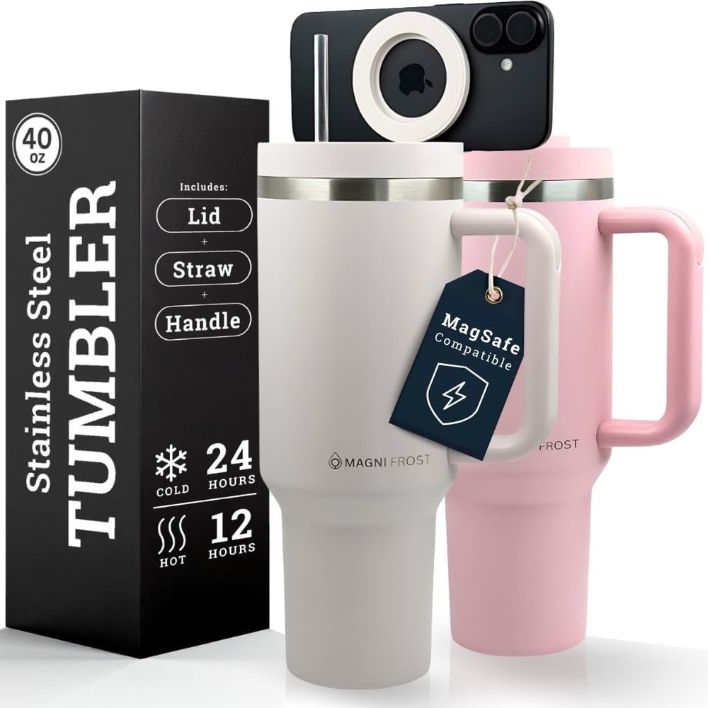 40 oz Stainless Steel Large Tumbler Insulated Mug w/Straw, Handle & Phone Magnet