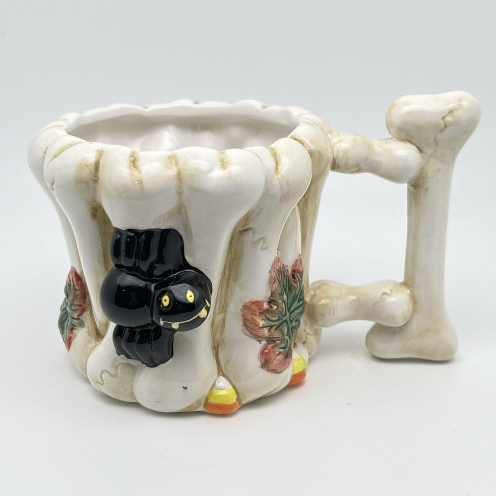 Halloween Ceramic Mug Cup Spooky Bone Handle Bat Spider Fall Leaves Candy Corn